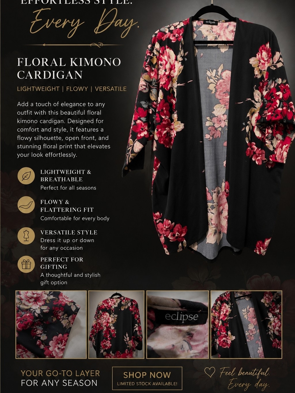 Eclipse Black Floral Kimono Cardigan with Pink Flowers